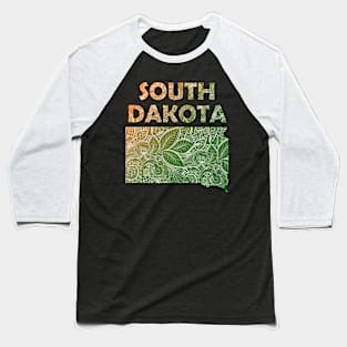 Colorful mandala art map of South Dakota with text in green and orange Baseball T-Shirt